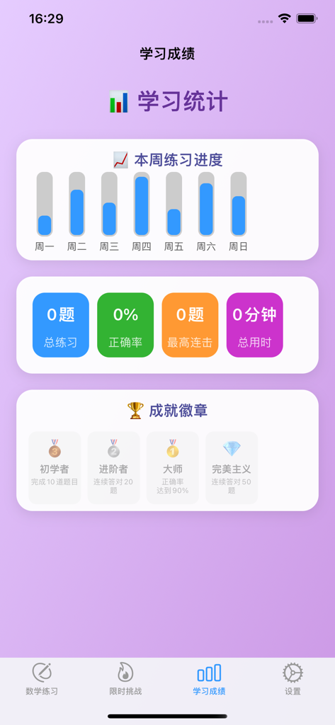 Mobile app dashboard displaying weekly math practice statistics and earned achievement badges