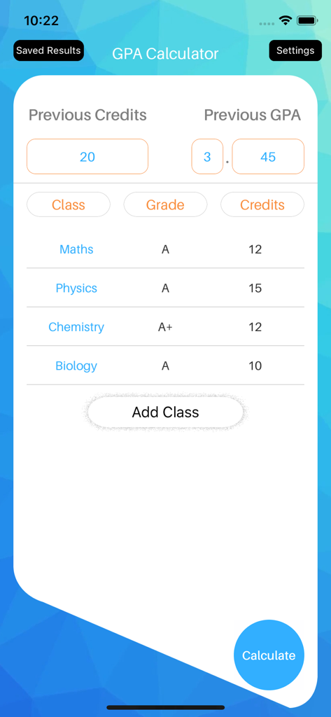 Quick GPA Calculator - 과목 성적 및 학점 입력 필드를 보여주는 빠른 GPA 계산기 앱 인터페이스.