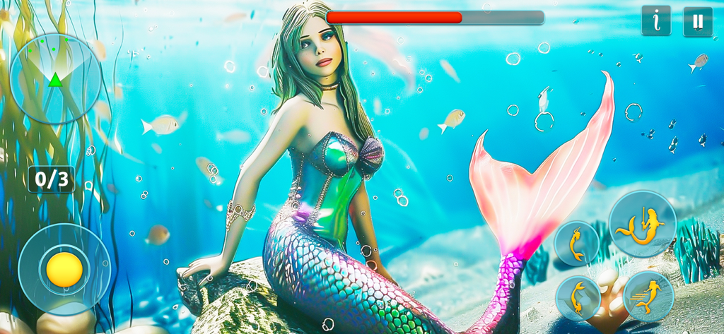 Princess Mermaid Simulator 3D - Uma sereia 3D sentada em uma rocha subaquática com botões de interface de jogo e uma barra de saúde.