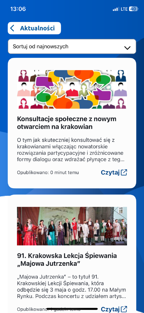 mKraków - A tela de notícias e atualizações do aplicativo municipal mKraków mostrando eventos da comunidade local.