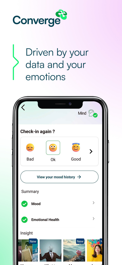 Pantalla de la aplicación Converge International que muestra una función de registro de estado de ánimo con selección de emojis para mal, regular y bien