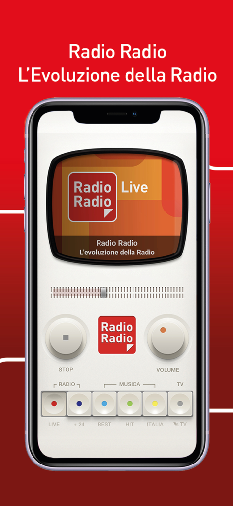 Main interface of the Radio Radio Italian radio app on a smartphone.