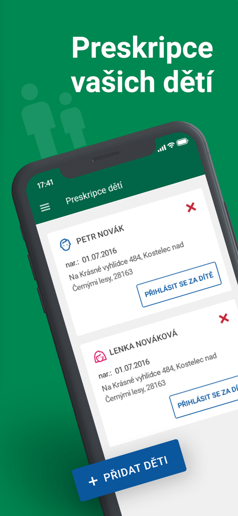 eRecept - Pantalla de aplicación móvil mostrando la gestión de recetas electrónicas para niños con perfiles de Petr y Lenka Novak.