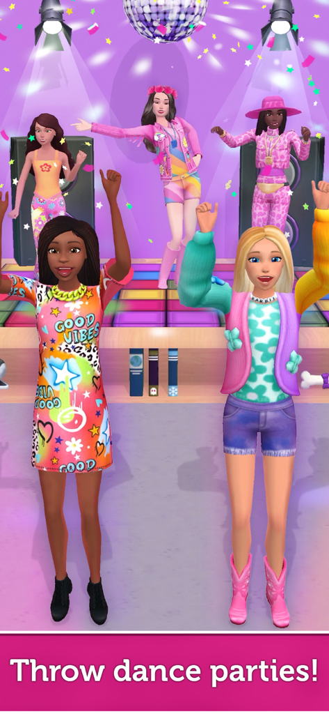 Barbie Dreamhouse Adventures - Barbie e seus amigos dançando em um palco com um globo de espelhos e luzes coloridas