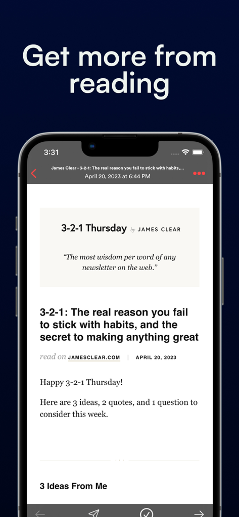 Newsletter Reader by Meco app displaying a clean reading interface with a James Clear newsletter