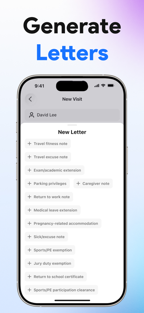 Interface of AI Medical Scribe app for generating various medical letters and clinical notes.
