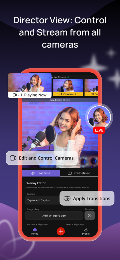 ViuLive: Multicam Live Stream - Interfaz de la aplicación ViuLive para transmisión en vivo multicámara con control de director y gestión de cámaras.