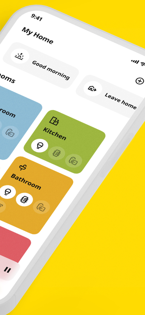 IKEA Home smart - ホームシーンと部屋のコントロールが表示されたIKEA Home smartアプリのインターフェイス