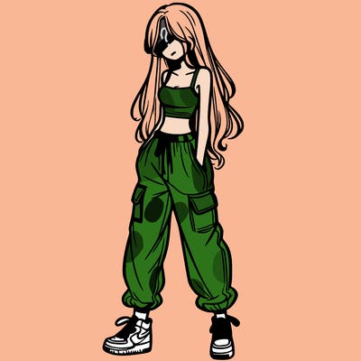 girl in baggy pants crop top and long hair