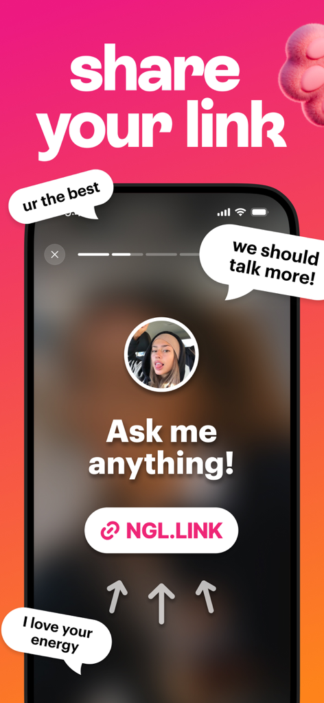 NGL app interface showing an anonymous question link and messages on an Instagram story.