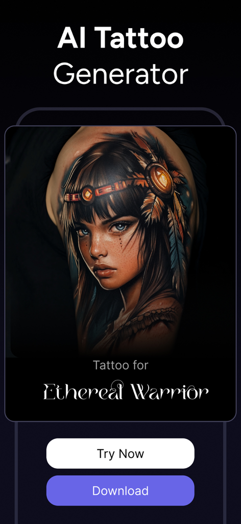 AI tattoo generator app showing a custom ethereal warrior portrait design on a shoulder