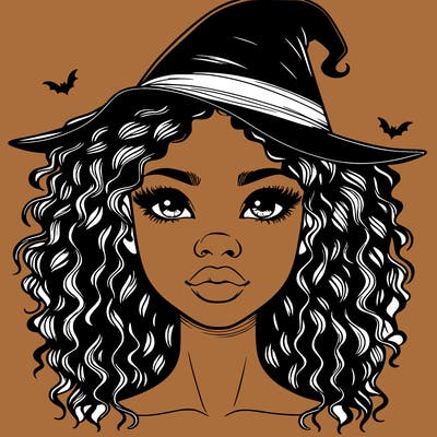 realistic black girl with wavy hair and witch hat and nose and lips