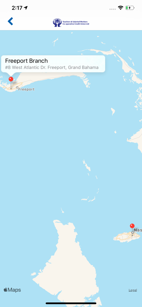 TSWCCUL mobile app branch locator map showing the Freeport branch location in Grand Bahama