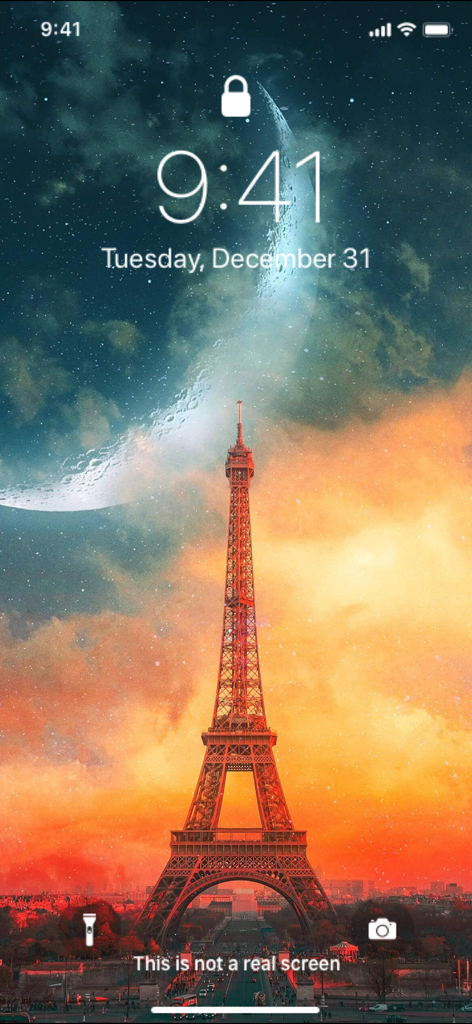 Wallpaper App for iPhone - Artistic iPhone lock screen wallpaper showing the Eiffel Tower under a giant moon and starry sky
