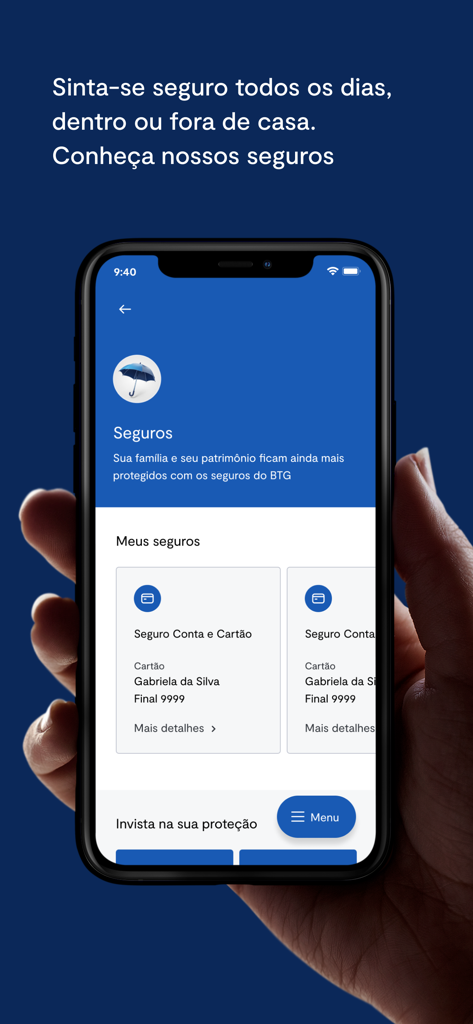BTG Pactual Banking - Eine mobile Benutzeroberfläche der BTG Pactual Banking App, die Versicherungsoptionen und aktive Schutzpläne für Konten und Karten anzeigt.