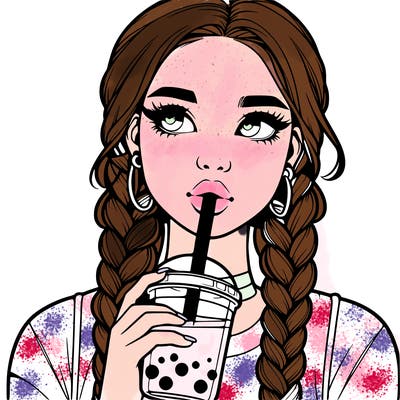 realistic girl with braided hair drinking boba