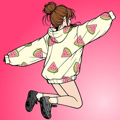 realistic girl jumping with a bun and oversized sweatshirt