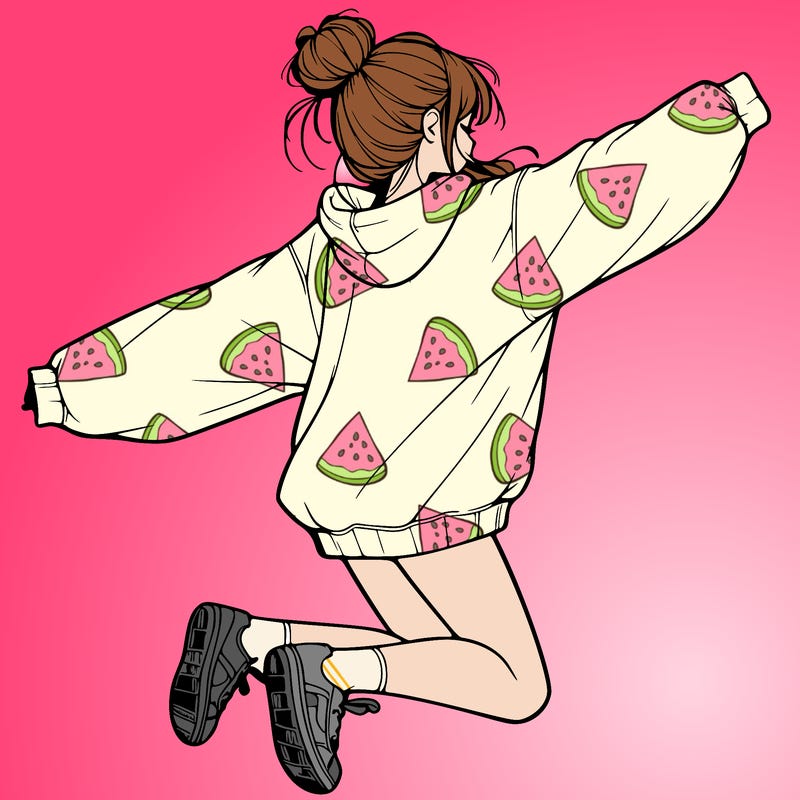 realistic girl jumping with a bun and oversized sweatshirt
