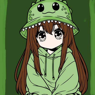 girl with anime shaped eyes with a dinosaur bucket hat oversized sweatshirt long straight hair