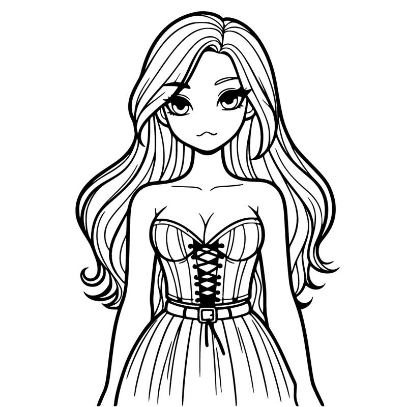realistic girl with long hair corset crop top and skirt