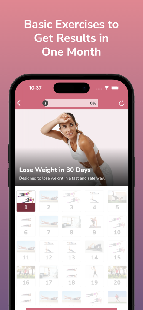 Abs, Butt & Thighs Workout - A mobile app screen showing a 30 day weight loss workout program with a grid of daily exercise sessions