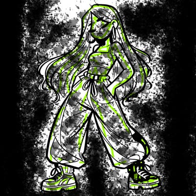 girl in baggy pants crop top and long hair