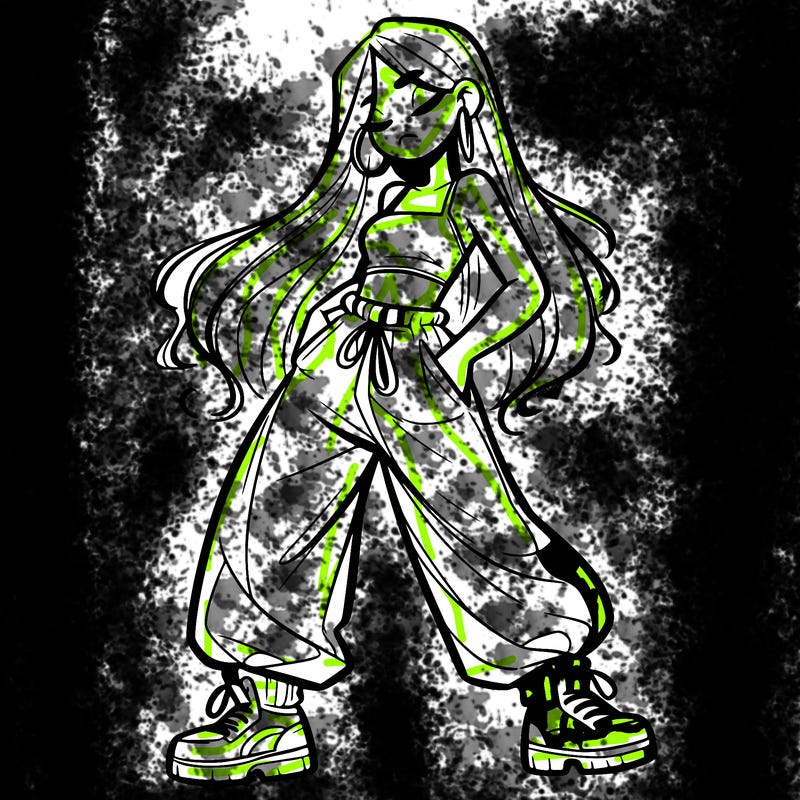 girl in baggy pants crop top and long hair