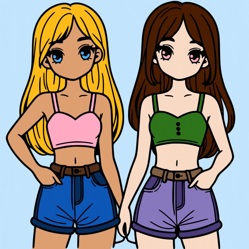 two sisters with crop tops and jean shorts and straight hair