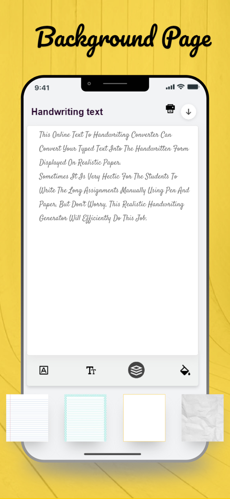 Écran de l'application mobile montrant la sélection d'arrière-plan pour convertir du texte en écriture manuscrite sur des types de papier réalistes