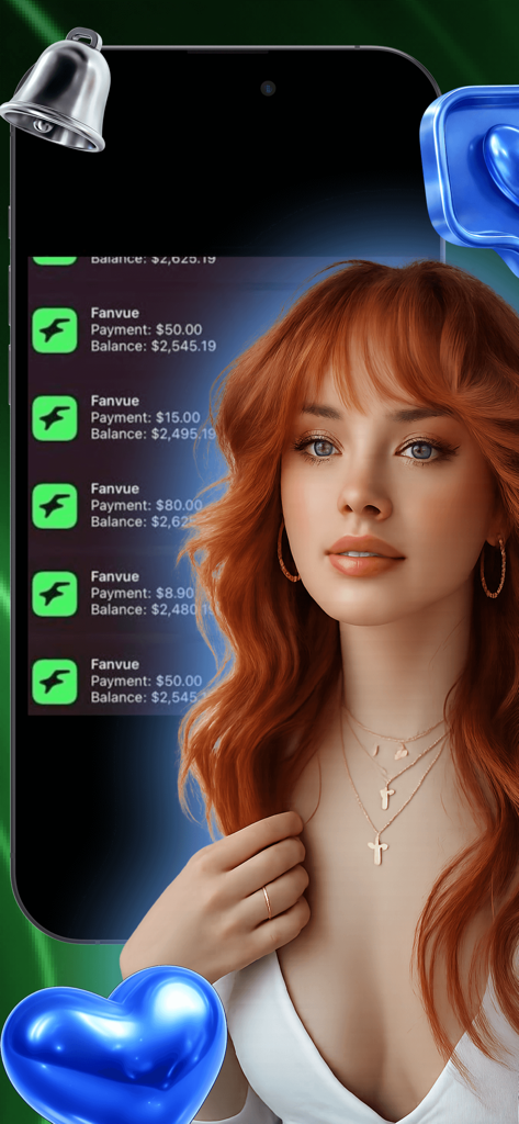 Fanvue:Flow Together - A smartphone screen displaying Fanvue payment transactions and balances next to a portrait of a woman.