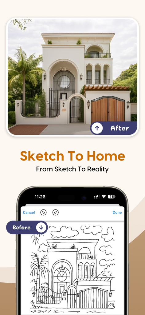 AI Interior Design Home Decor - A hand drawn house sketch transformed into a photorealistic modern home exterior using AI.