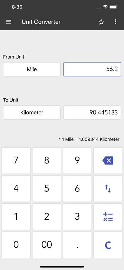 ClevCalc - Calculator - Ecrã do conversor de unidades da aplicação ClevCalc mostrando um cálculo de milhas para quilómetros.