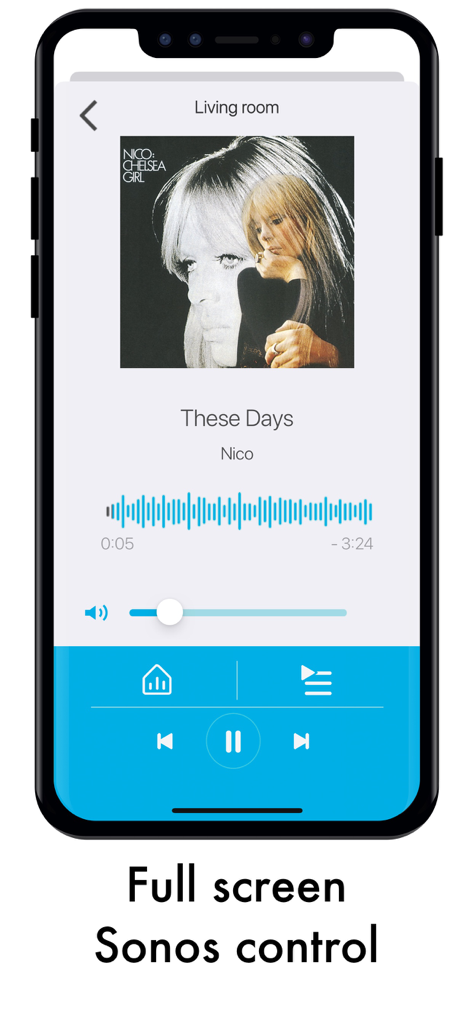xxter - Interface de controle de música Sonos em tela cheia no aplicativo xxter mostrando informações da faixa e botões de reprodução