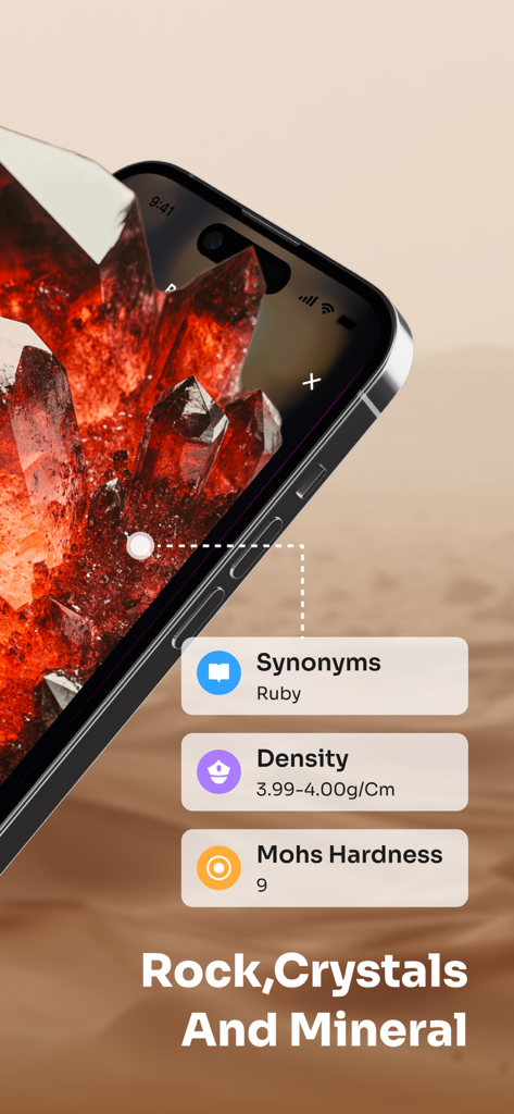 Rock Scanner: Identify Stone - Mobile app interface showing a ruby crystal identification with Mohs hardness and density details.