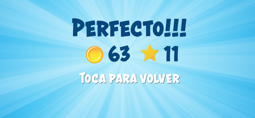 Tablas Multiplicar - Game success screen showing a score of sixty-three coins and eleven stars with a message saying Perfecto