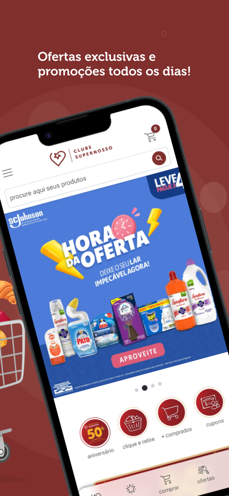 Interface do aplicativo móvel Clube Supernosso exibindo ofertas diárias exclusivas e promoções de produtos.