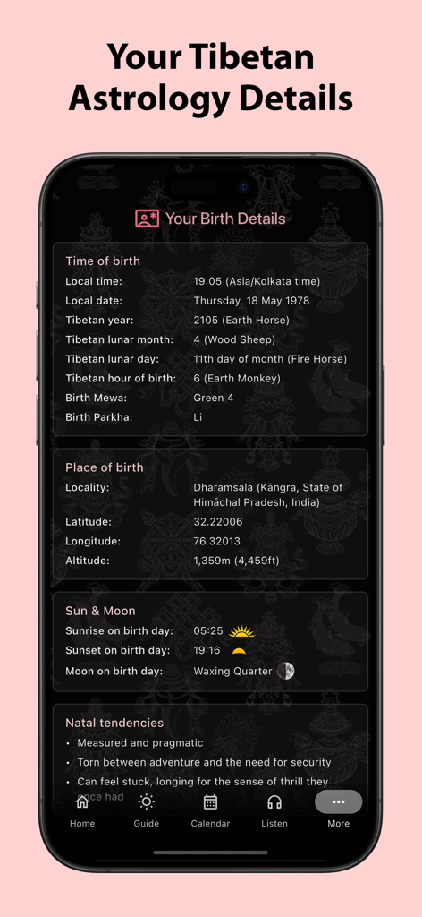 Interfaz de una aplicación móvil que muestra detalles detallados de nacimiento de astrología tibetana, incluyendo hora de nacimiento, lugar, fechas lunares y tendencias natales.