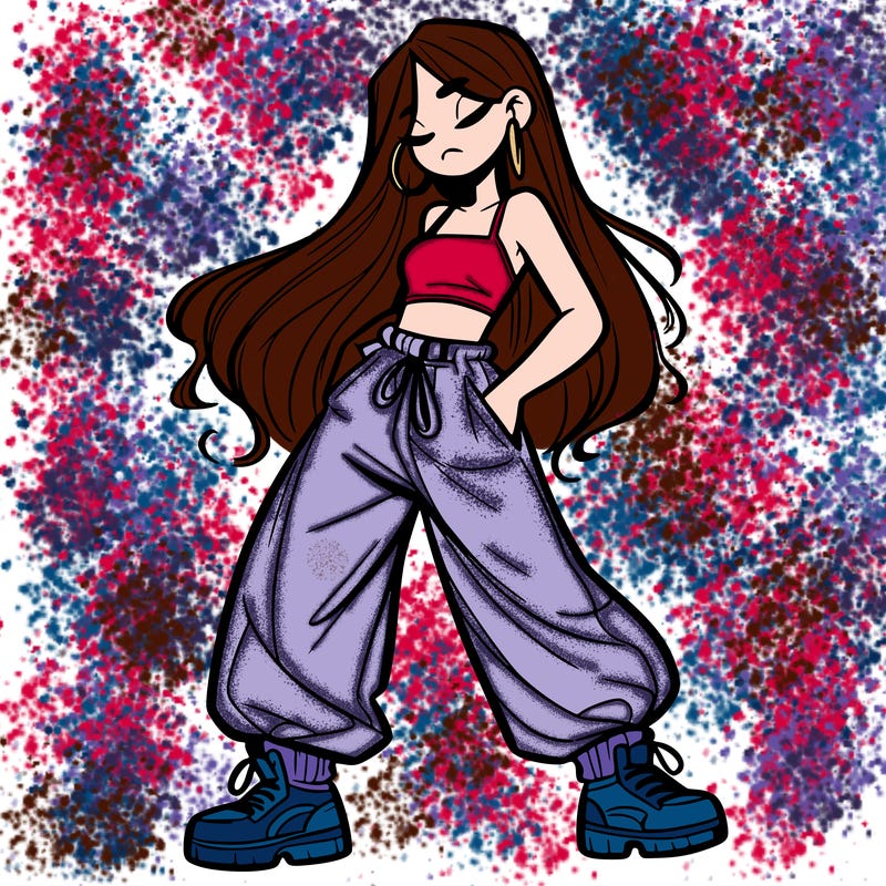 girl in baggy pants crop top and long hair