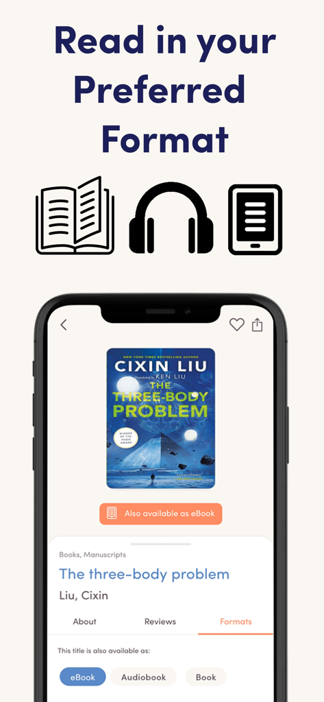 NLB Mobile app interface showing available reading formats for The Three-Body Problem including eBook and Audiobook