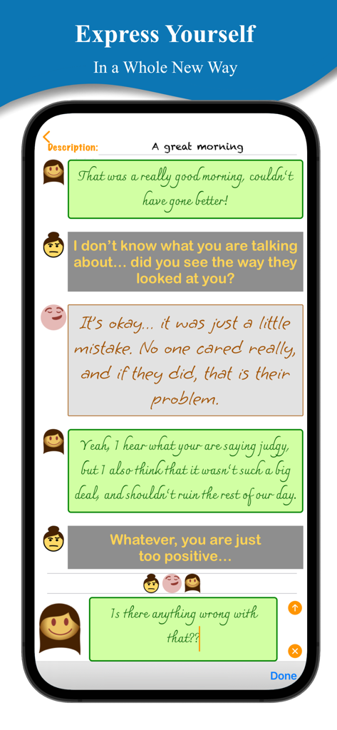 Emoji Journal - A screenshot of the Emoji Journal app showing a conversation style interface with multiple emotional parts
