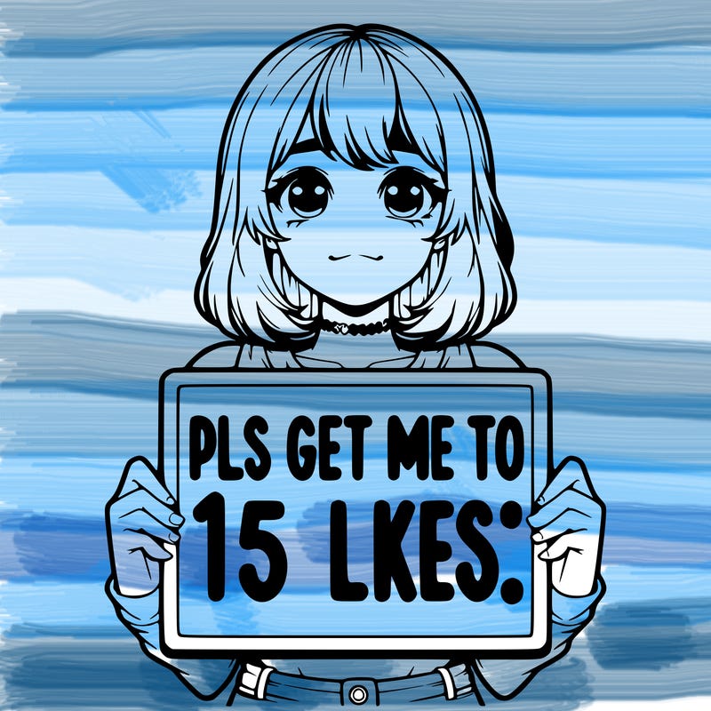 realistic girl holding up a sign that says “pls get me to 15 likes!”