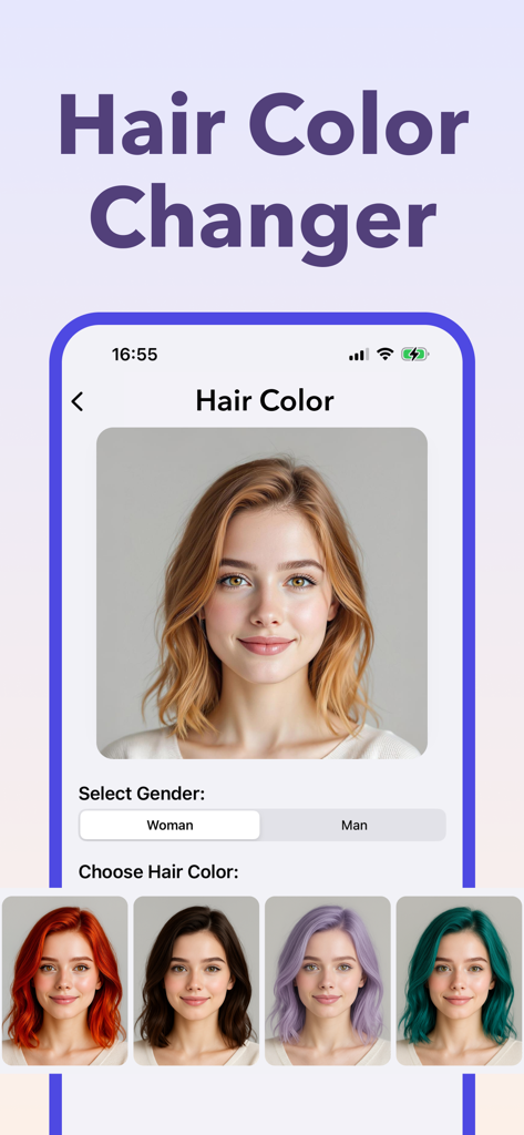 A woman trying on different hair colors like red, brown, lilac and teal using the HairPop AI app.