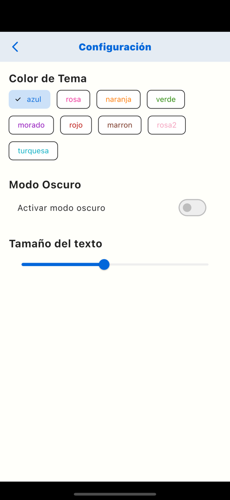 Biblia + CBA - Settings screen of the Biblia plus CBA app showing theme color choices dark mode toggle and text size slider