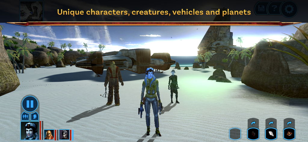 Personajes y una nave espacial en un planeta de playa en Star Wars Knights of the Old Republic
