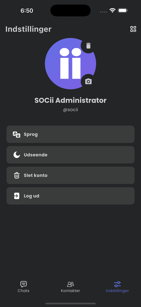 SOCii Messenger - User profile settings screen in SOCii Messenger app showing account options and navigation menu.