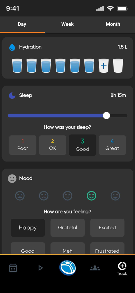 Planet Fitness Playアプリの毎日の健康追跡ダッシュボード。水分補給、睡眠、気分の監視が表示されています。