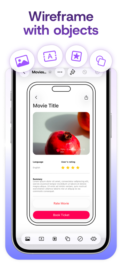 A mobile interface mockup within the Mockup app showing a movie details screen with a pomegranate image and book ticket button