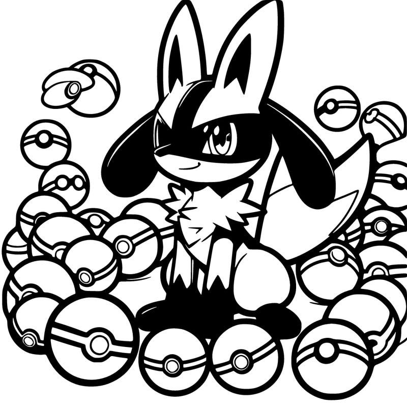 lucario with pokeballs around it
