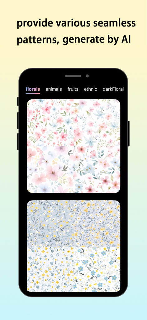 FloralTile -AI flower seamless - Pantalla de teléfono móvil que muestra varios patrones florales perfectos generados por IA en la aplicación FloralTile.