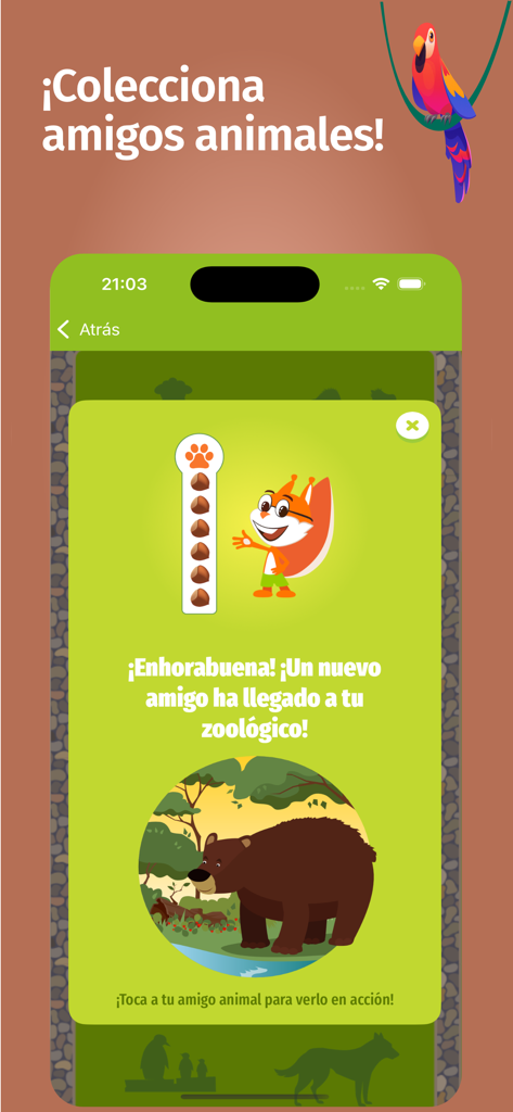 Una pantalla de aplicación móvil en español que muestra un oso como recompensa por completar hitos educativos.